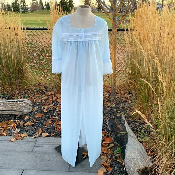 Vintage Sheer Chiffon Peignoir Robe Handmade Pastel Blue Dressing Gown - Picture 1 of 13